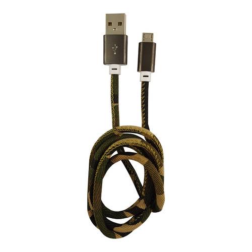 Ein aufgerolltes USB-Kabel mit Camouflage-Muster mit einem USB-A-Stecker an einem Ende und einem Micro-USB-Stecker am anderen Ende.