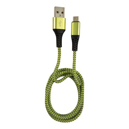 Ein grünes geflochtenes USB-Kabel zu Micro-USB zum Laden mit verstärkten Enden, geeignet zum Verbinden von Geräten für Datenübertragung und Laden.