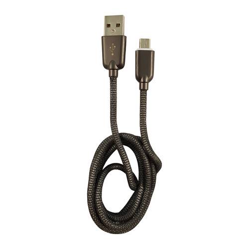 Ein geflochtenes USB-Kabel mit einem Standard-USB-Anschluss auf der einen Seite und einem Micro-USB-Anschluss auf der anderen Seite, ordentlich aufgewickelt.