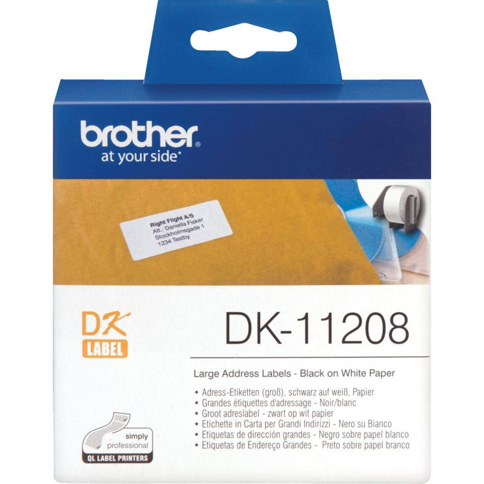 Brother DK-11208 große Adressenetiketten-Rolle, Verpackung mit schwarzen Etiketten auf weißem Hintergrund für QL-Etikettendrucker.