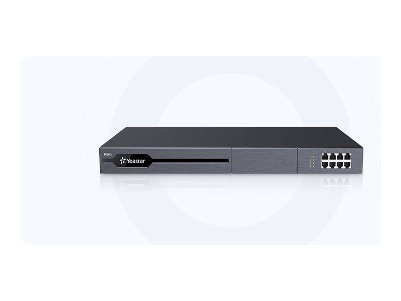 Vorderansicht eines Yeastar-Netzwerkgeräts mit Ethernet-Anschlüssen auf der rechten Seite und einem schmalen Laufwerksschacht auf der linken Seite, vor hellem Hintergrund dargestellt.