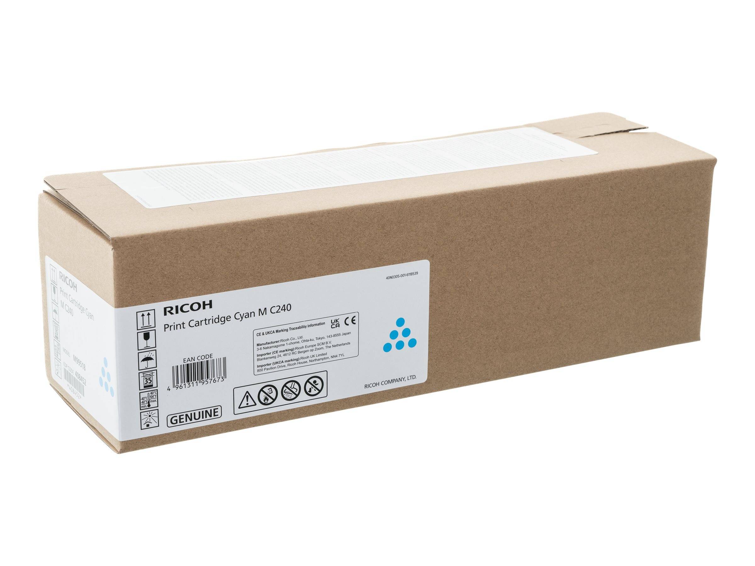 Braune Ricoh-Druckerpatronen-Box mit Etikett auf der Vorderseite, gezeigt auf weißem Hintergrund.