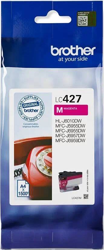 Magenta-Tintenpatrone von Brother für die Modelle HL-J610DW, MFC-J5955DW, MFC-J6955DW, MFC-J6957DW; Verpackung zeigt Telefonfoto.