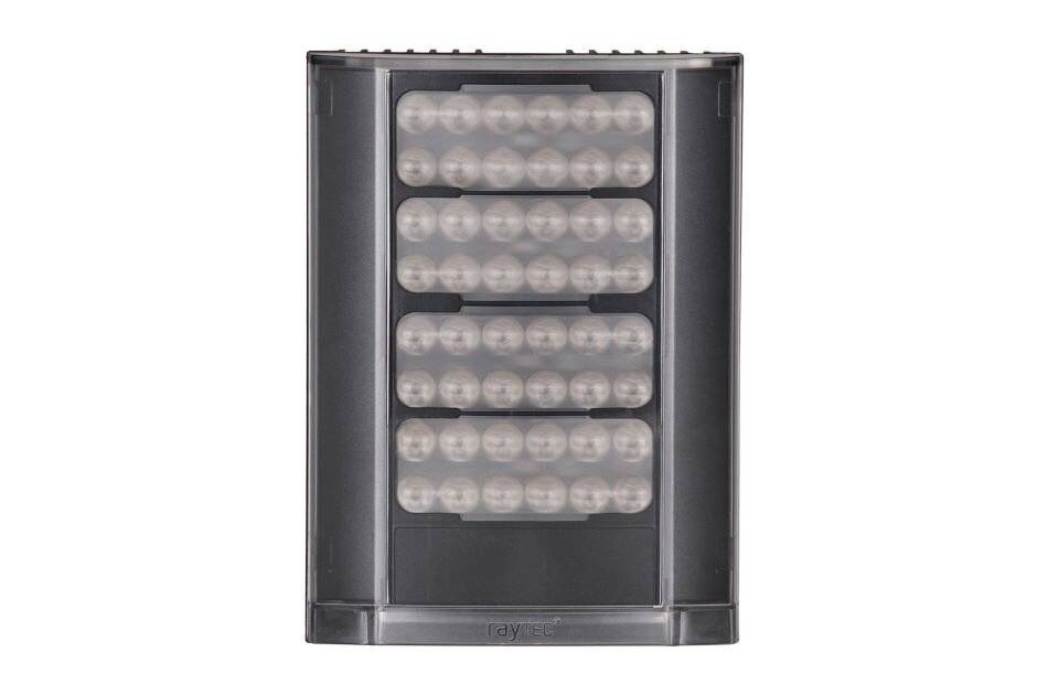 Vorderansicht eines schwarzen rechteckigen LED-Leuchtpaneels mit vier übereinander angeordneten Reihen von kreisförmigen LEDs, dargestellt auf weißem Hintergrund.