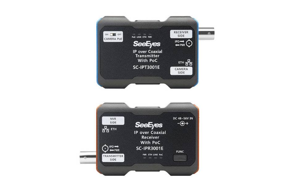 Zwei SeeEyes IP über Koaxial Sender-/Empfängermodule mit PoC, von vorne und hinten gezeigt, bezeichnet als SC-IPT3001E und SC-IPR3001E.