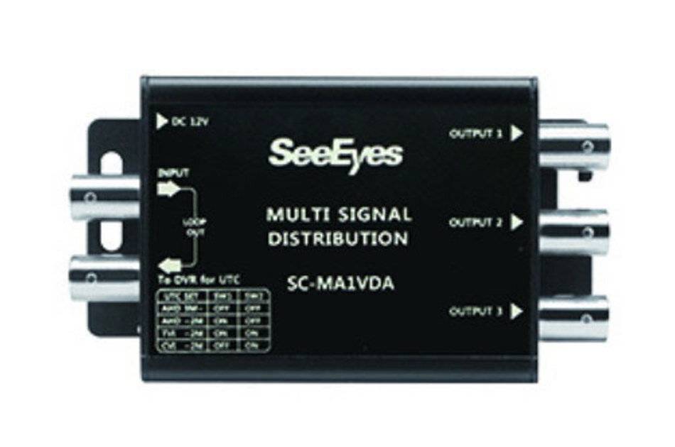 SeeEyes SC-MA1VDA Multi-Signal-Verteiler mit einem Eingang und drei Ausgängen, gekennzeichnet für DC 12V Stromversorgung und Video-/UTC-Verbindungen.