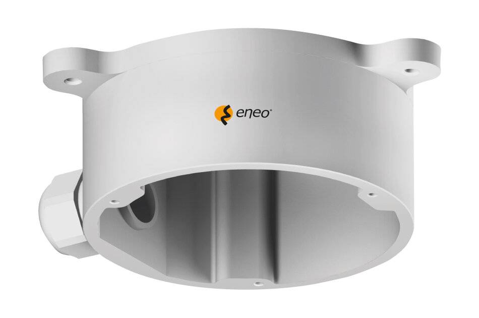 Weißes zylindrisches, an der Decke montiertes Gehäuse von Eneo mit offener kreisförmiger Unterseite, gezeigt in der Produktansicht vor neutralem Hintergrund.