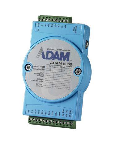 Blaues ADAM-6050-Datenerfassungsmodul mit Anschlussblöcken oben und unten, gezeigt auf weißem Hintergrund.