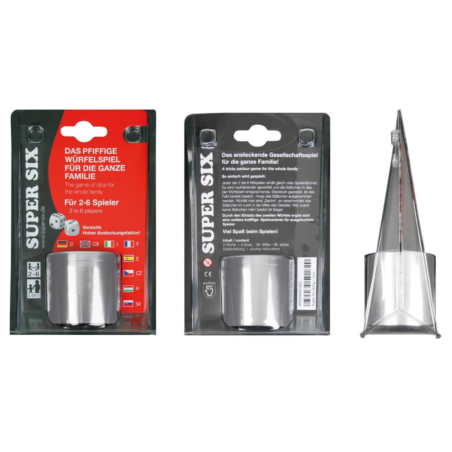 BestSaller 3001 SUPER SIX Würfelspiel Aluminum, 36 Spielstäbchen & 2 Würfel, silber