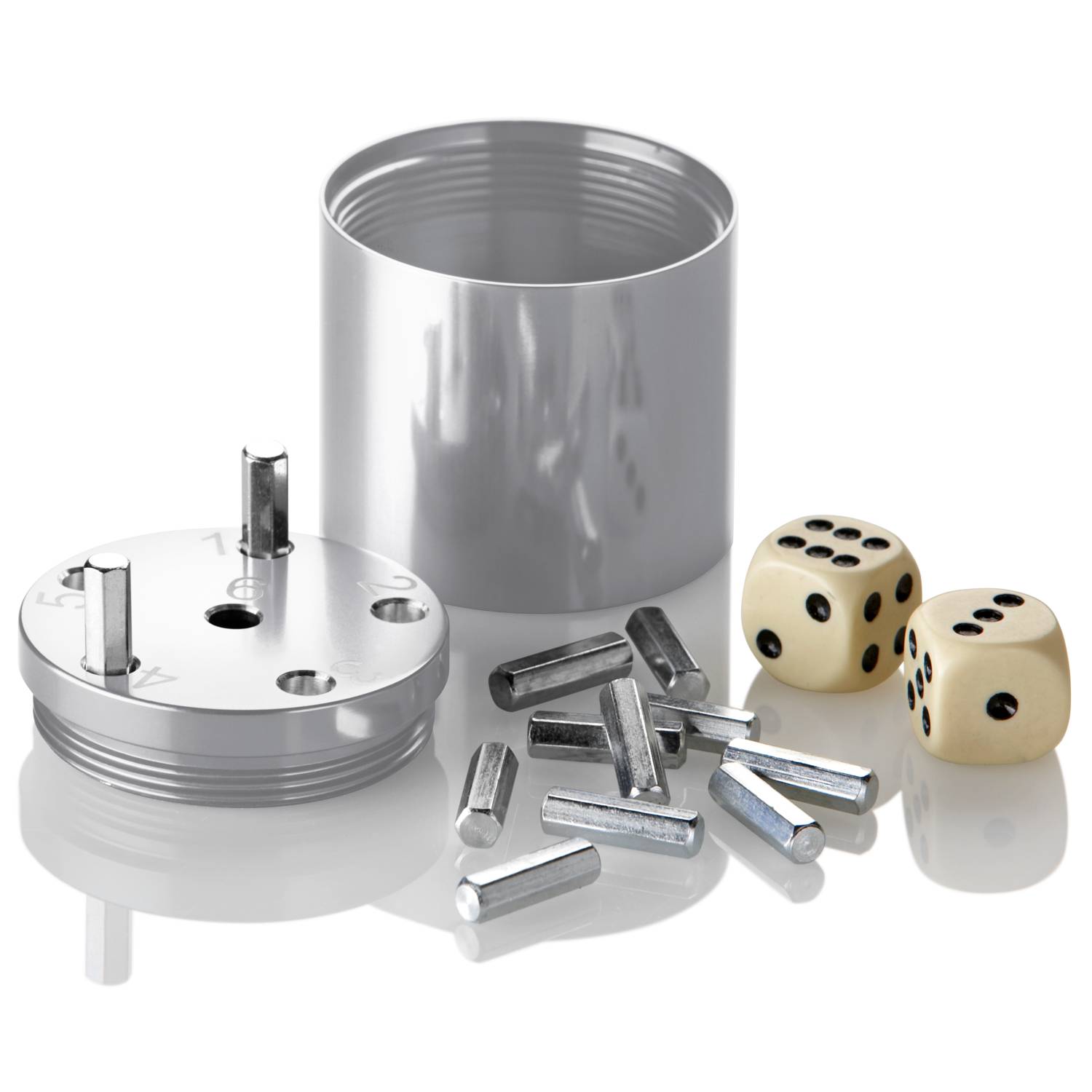 BestSaller 3001 SUPER SIX Würfelspiel Aluminum, 36 Spielstäbchen & 2 Würfel, silber