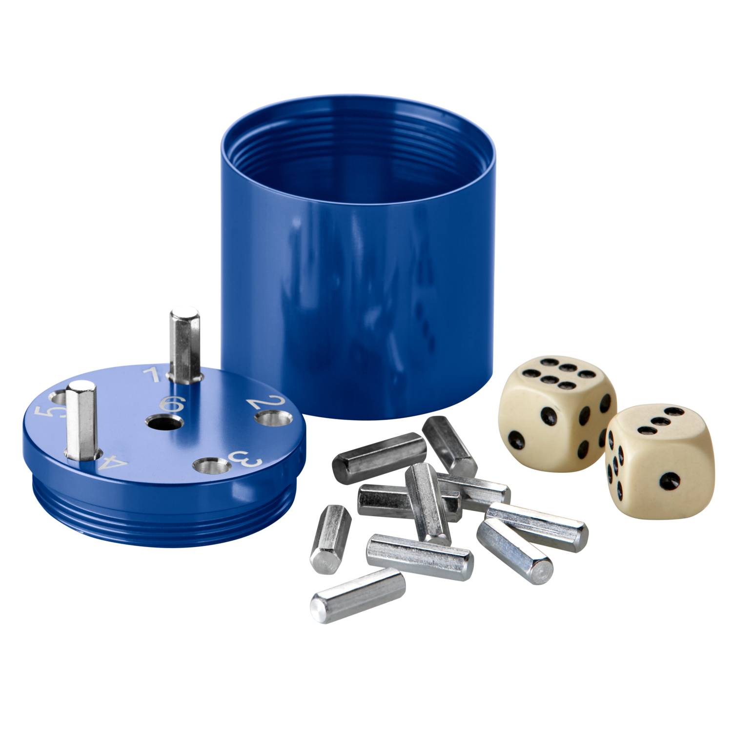 BestSaller 3005 SUPER SIX Würfelspiel Aluminum, 36 Spielstäbchen & 2 Würfel, blau