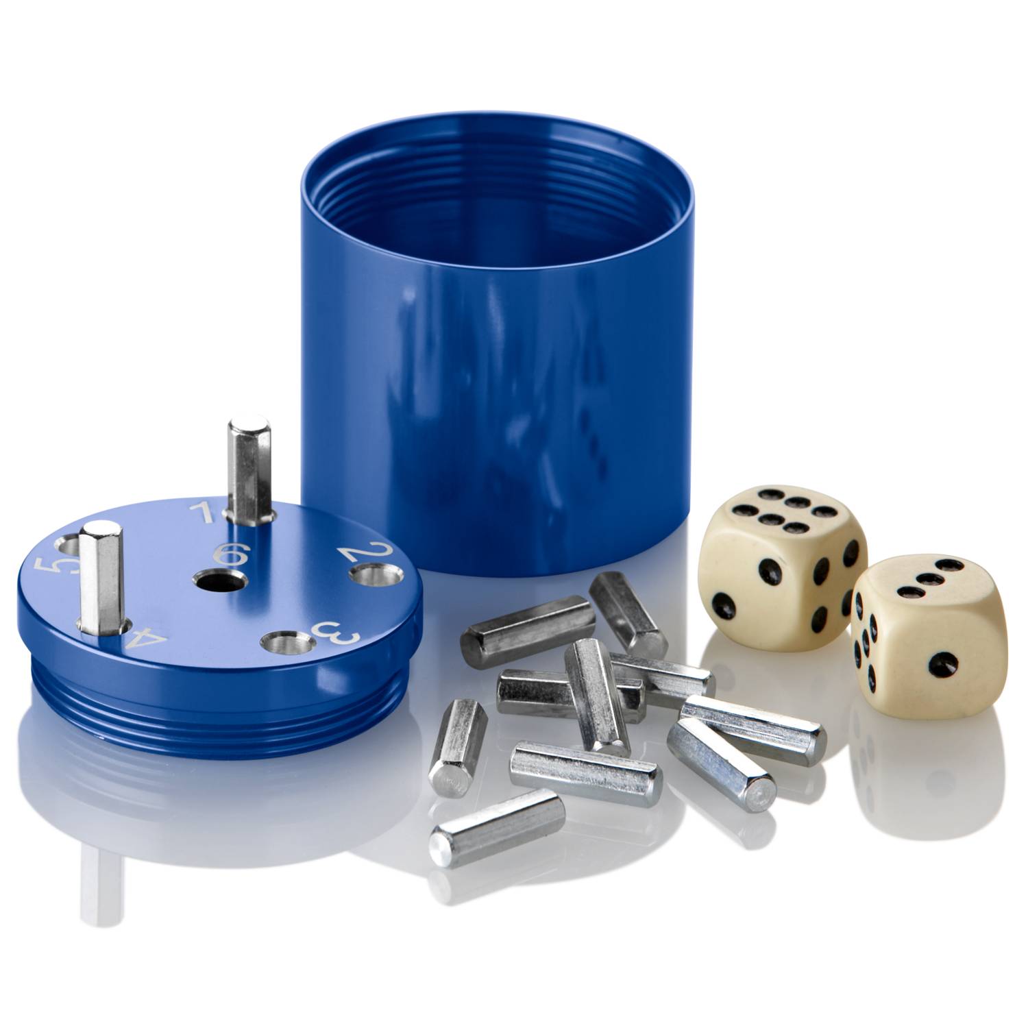 BestSaller 3005 SUPER SIX Würfelspiel Aluminum, 36 Spielstäbchen & 2 Würfel, blau