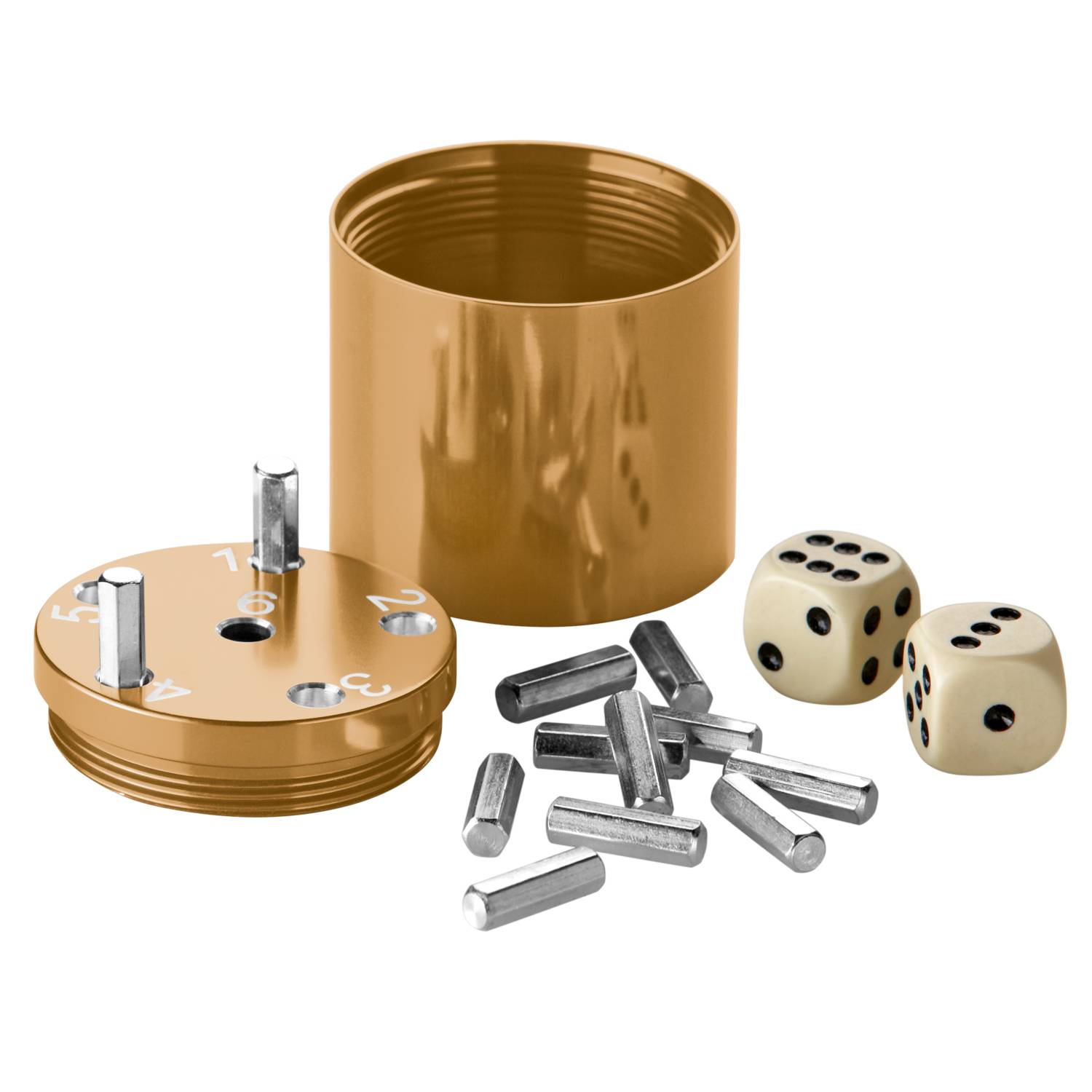 BestSaller 3002 SUPER SIX Würfelspiel Aluminum Sonder Edition, 36 Spielstäbchen & 2 Würfel, gold
