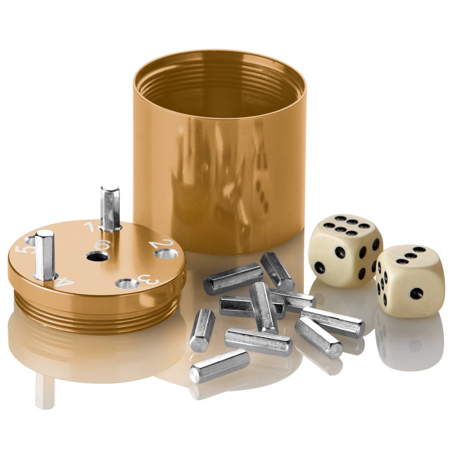 BestSaller 3002 SUPER SIX Würfelspiel Aluminum Sonder Edition, 36 Spielstäbchen & 2 Würfel, gold