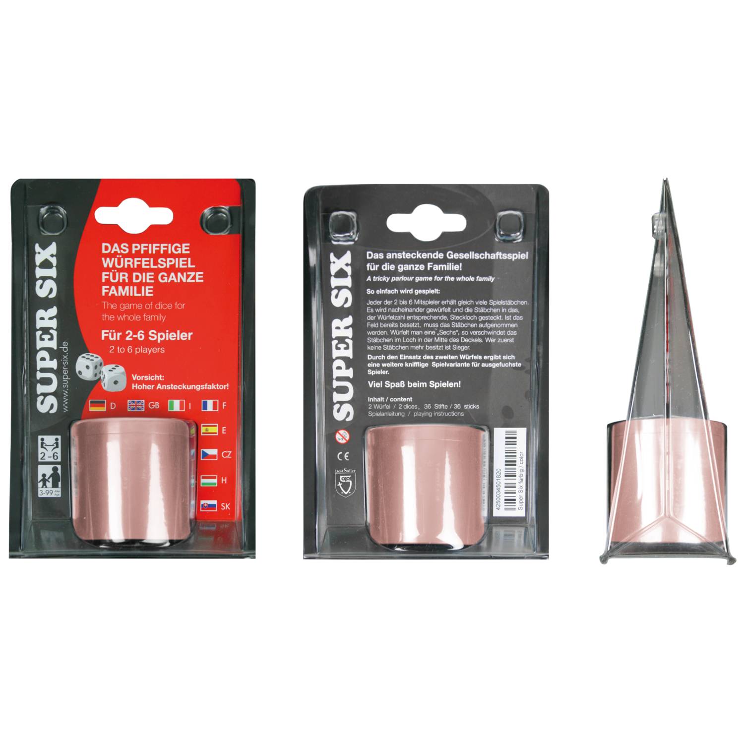 BestSaller 3006 SUPER SIX Würfelspiel Aluminum Sonder Edition, 36 Spielstäbchen & 2 Würfel, roségold