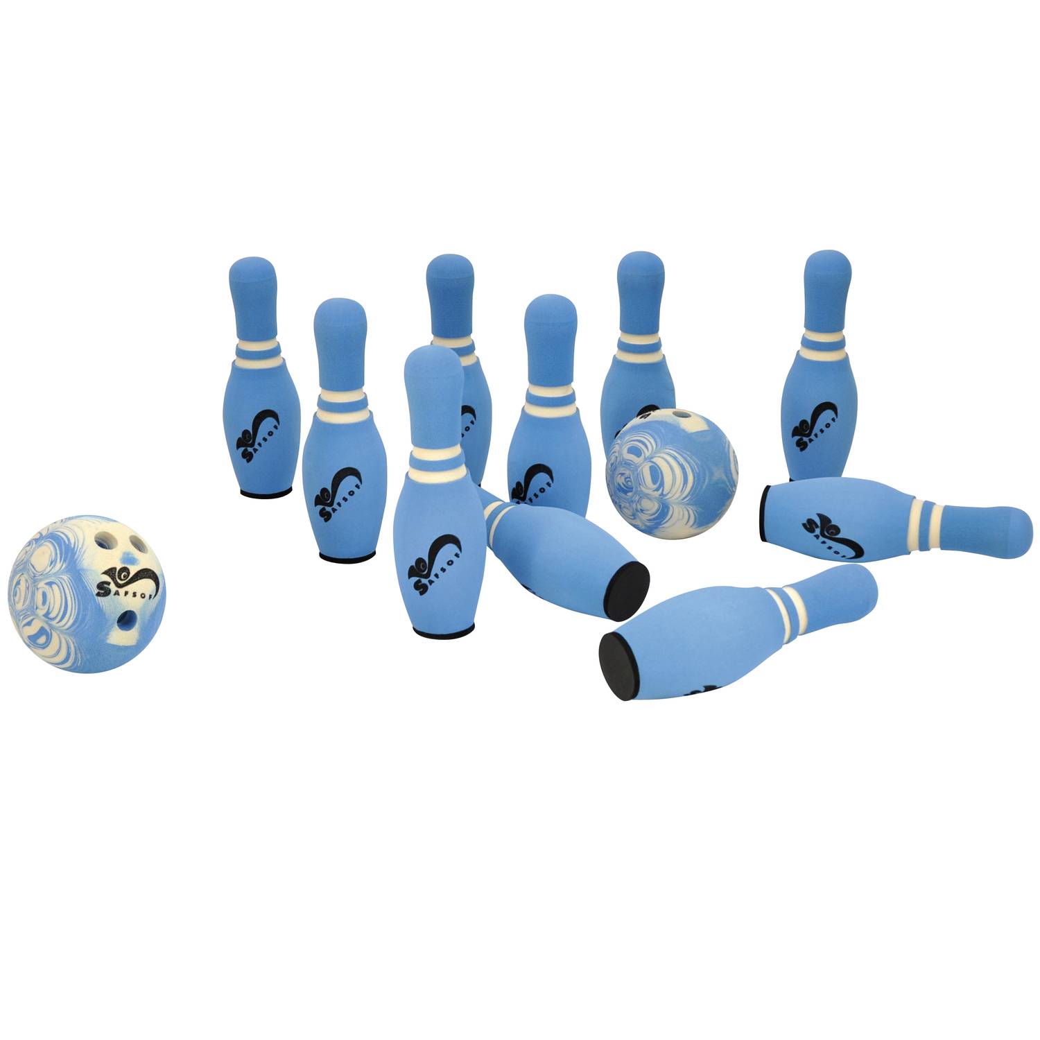 EDUPLAY 170186 Soft-Bowling mit 10 Pins und 2 Bowling Kugeln, hellblau, 12-teilig (1 Set)