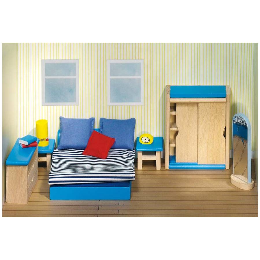 goki 51906 Puppenmöbel Schlafzimmer, blau/natur (1 Set)
