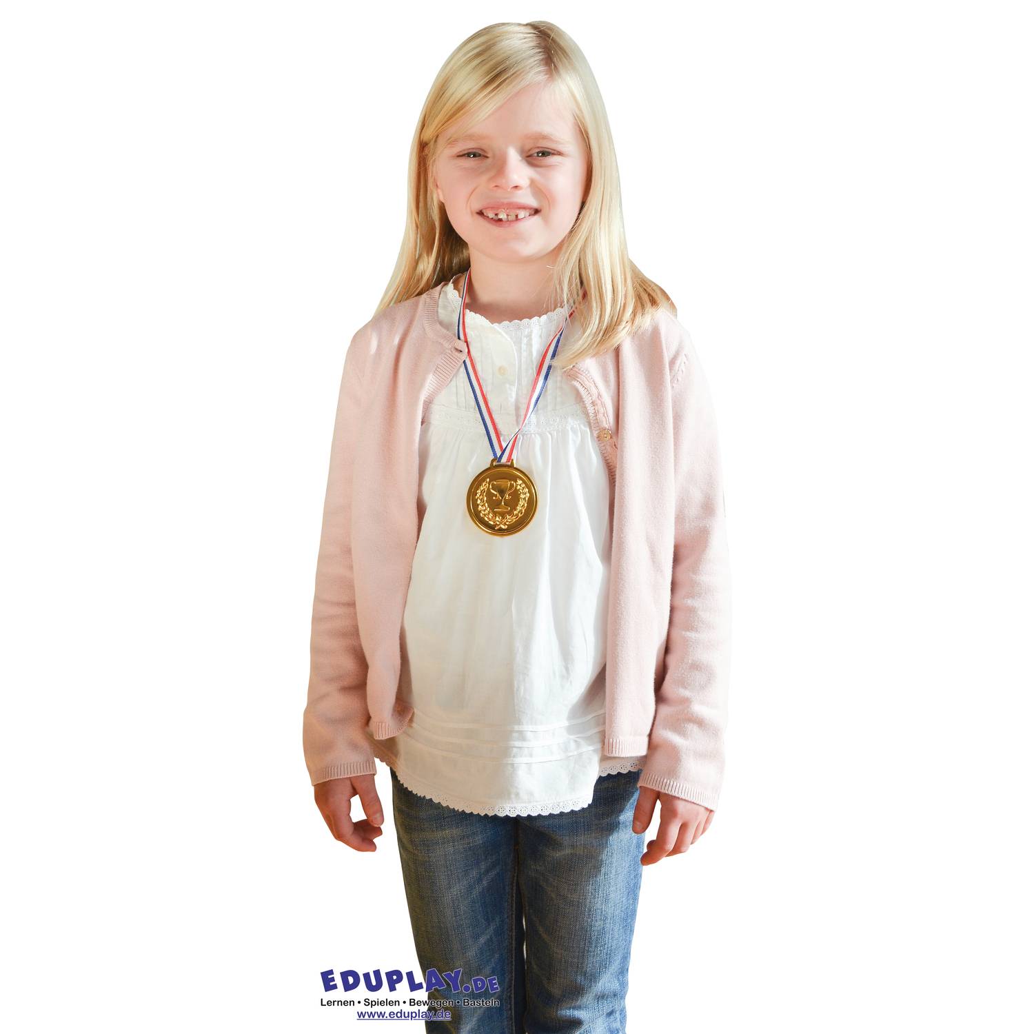 EDUPLAY 130274 Kunststoff-Medaille mit Sicherheitsverschluss zum Beschriften, gold