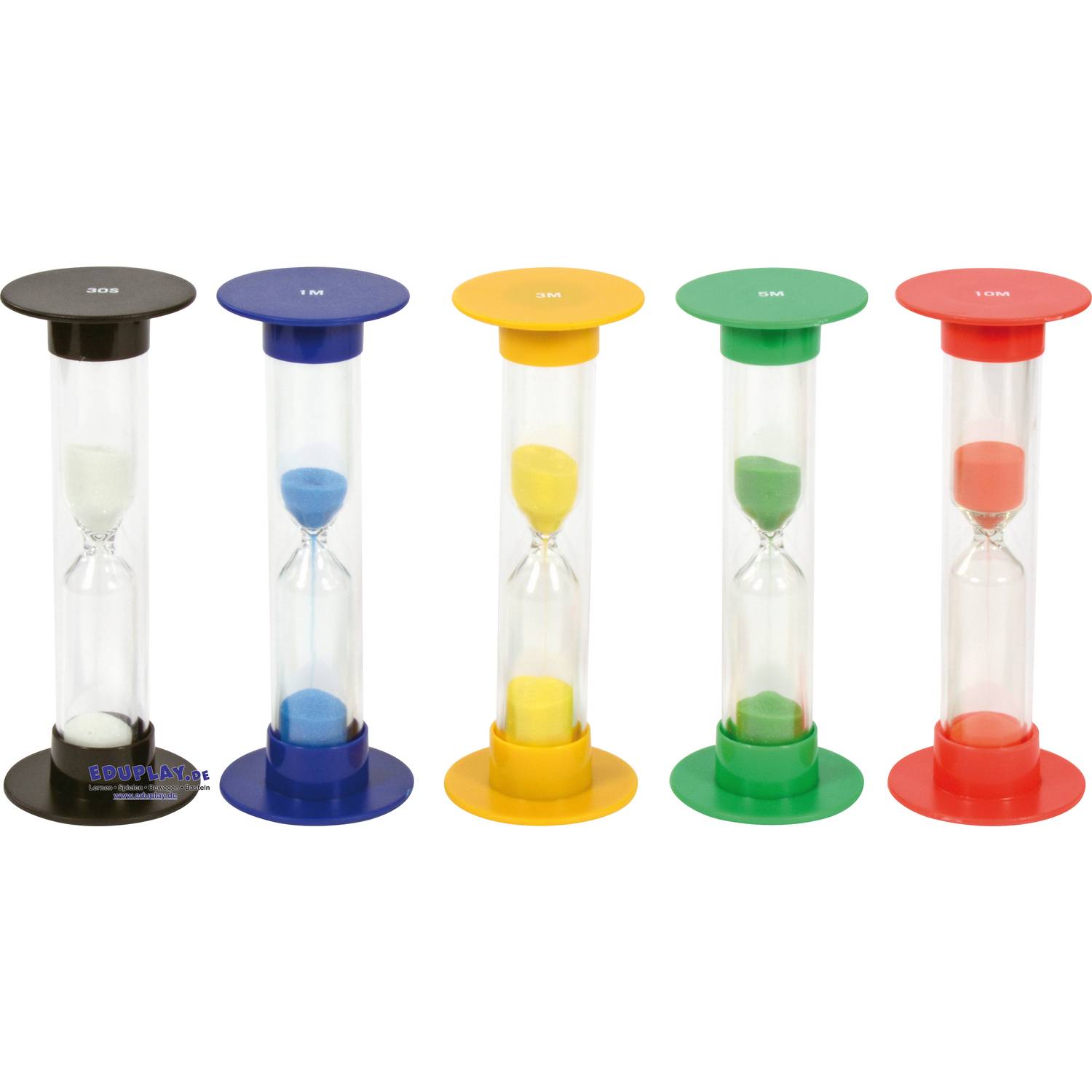 EDUPLAY 120601 Sanduhrenset groß, Ø 5,5 cm, 15 cm hoch, 30 Sek., 1, 3, 5, 10 Min, mehrfarbig, 5-teilig (1 Set)