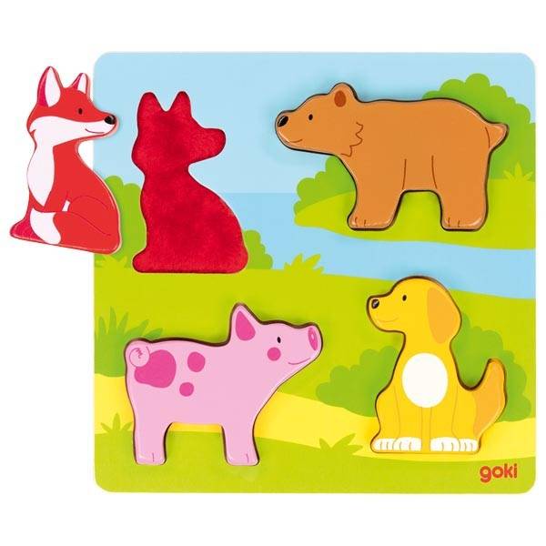 goki 57433 Fühlpuzzle Tiere 21 x 21 x 1,8 cm, Holz, 4 Teile, bunt