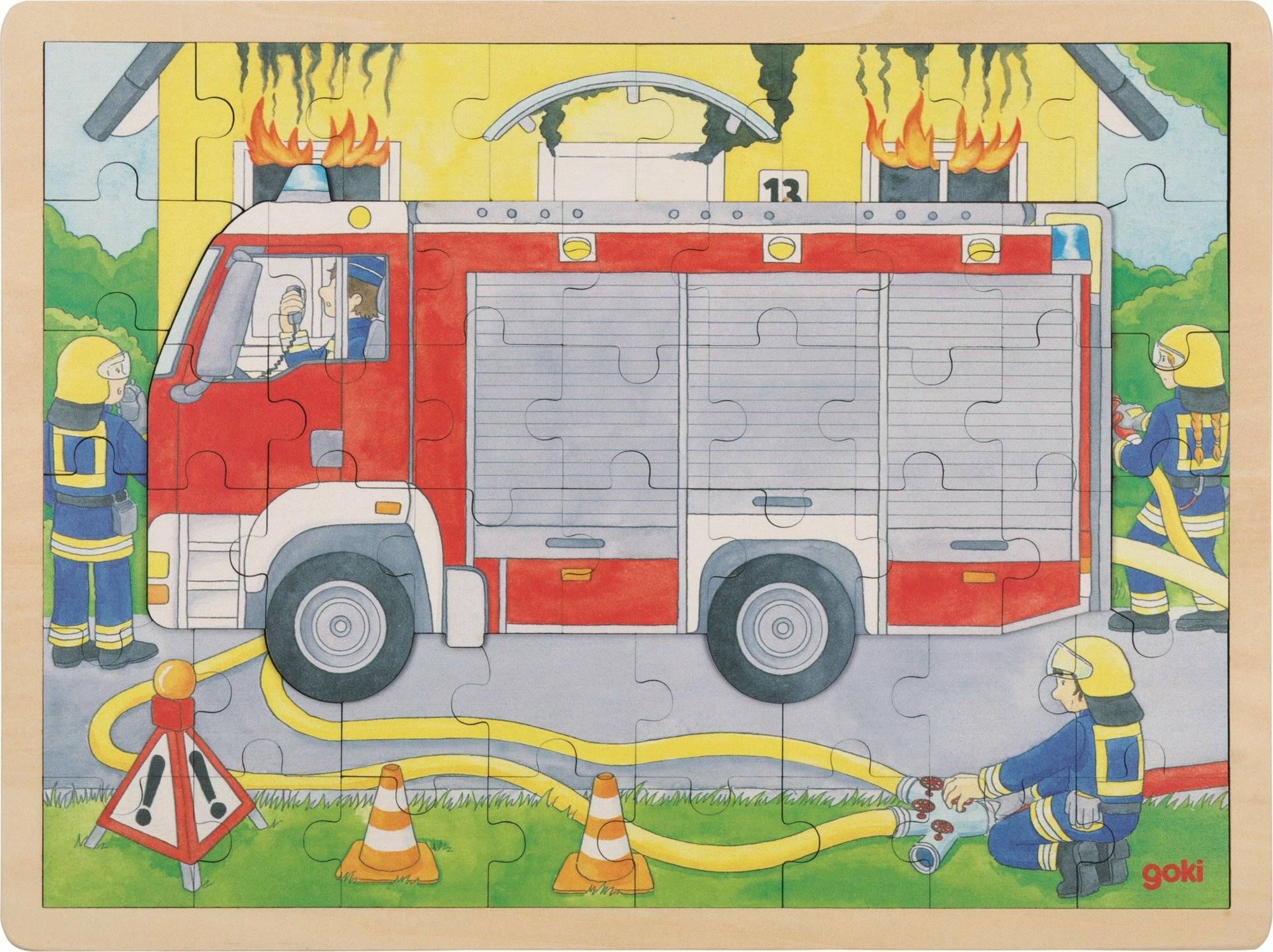 GOKI Mehrschichtiges Holzpuzzle Feuerwehrleute bei der Arbeit 59 Teile