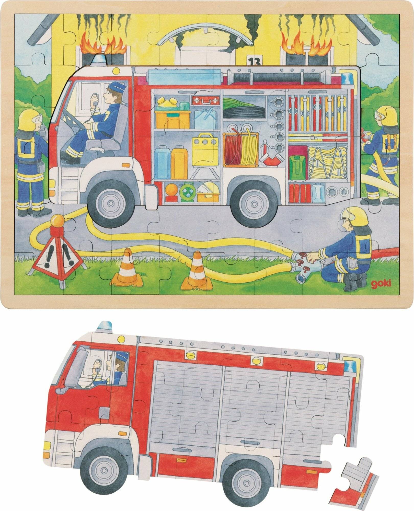 GOKI Mehrschichtiges Holzpuzzle Feuerwehrleute bei der Arbeit 59 Teile