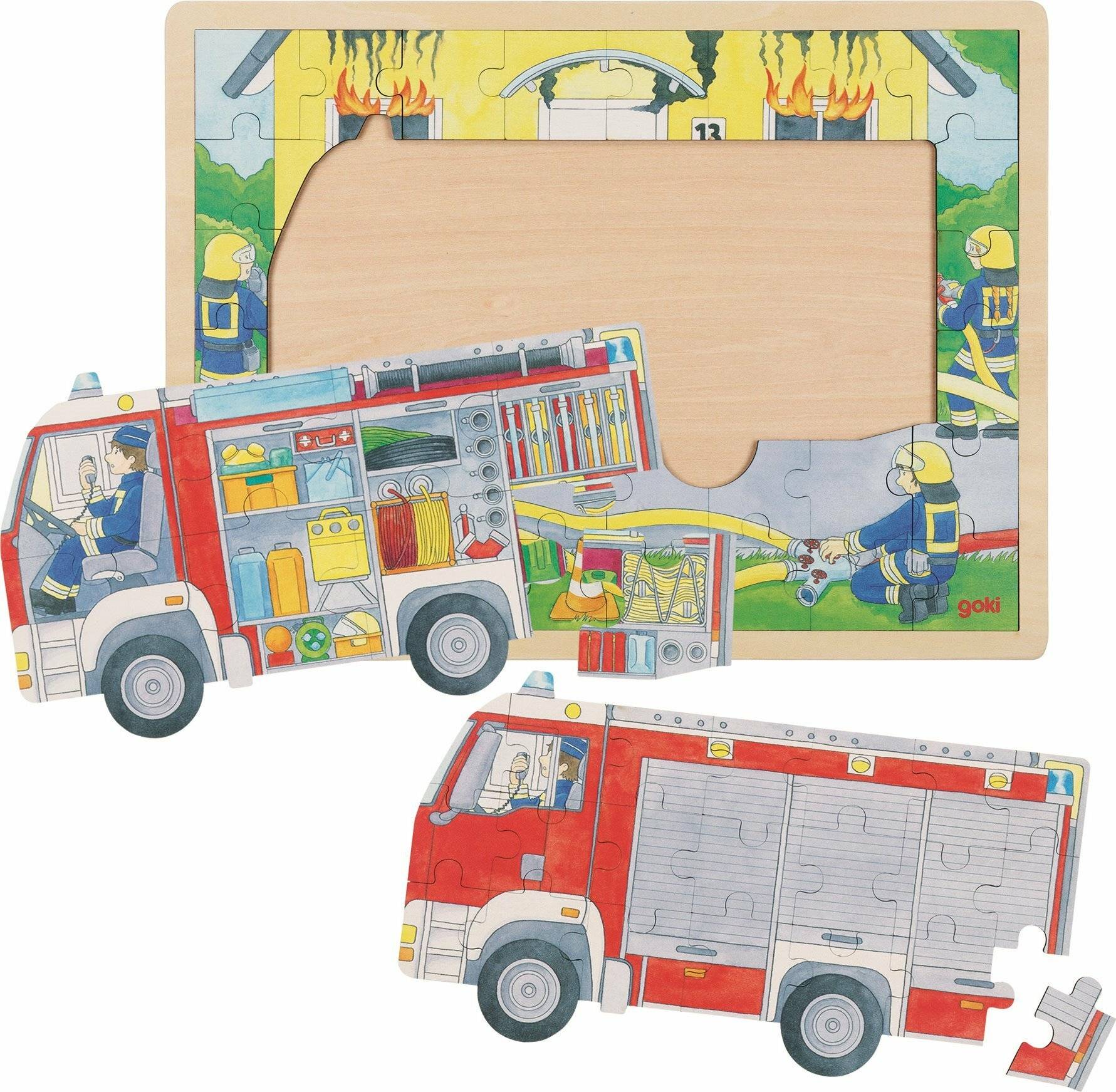 GOKI Mehrschichtiges Holzpuzzle Feuerwehrleute bei der Arbeit 59 Teile