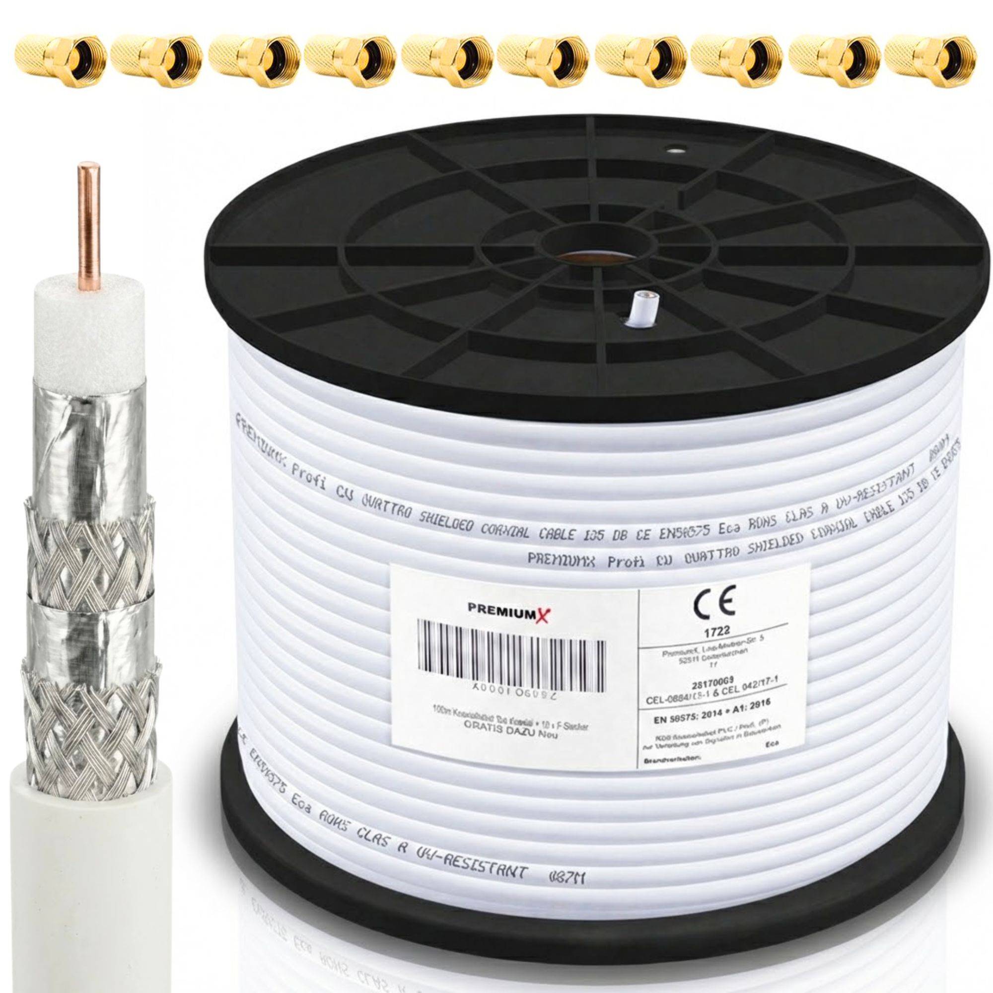 Eine Spule PremiumX Koaxialkabel, abgeschirmt mit Anschlüssen. Includes eine Schutzfolie für Signalintegrität. Modell: Klasse A- Resistent 1722.