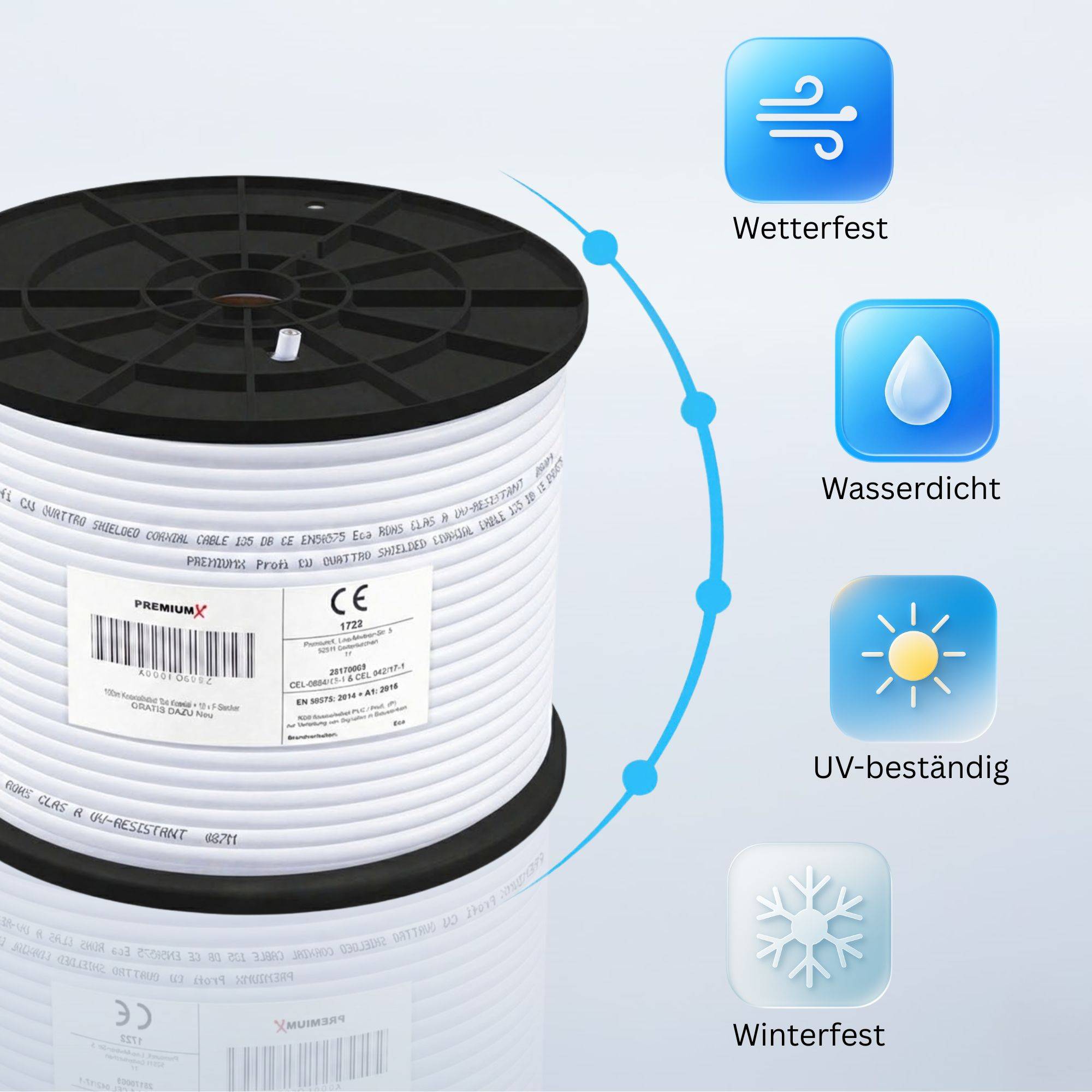 Ein Kabelspuler mit PremiumX-Kabel, das als wetterfest, wasserdicht, UV-beständig und winterfest gekennzeichnet ist, mit Symbolen, die jedes Merkmal darstellen.