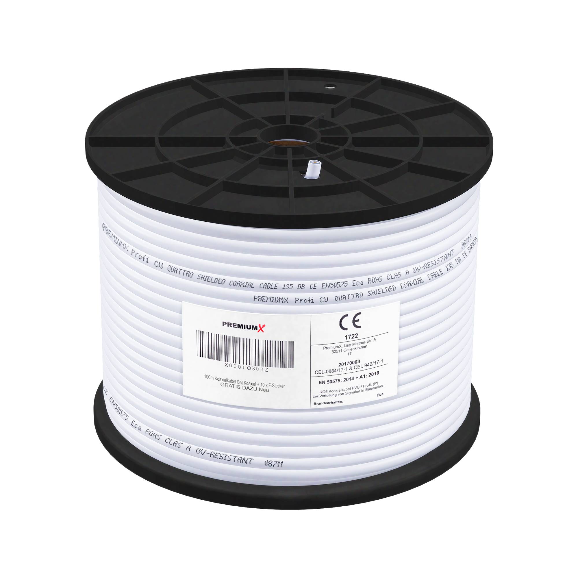 PremiumX 100m PROFI Koaxialkabel KUPFER 135dB 4-fach SAT Antennenkabel Koax-Kabel DVB-S / S2 DVB-C DVB-T BK Anlagen Satellitenkabel 10x F-Stecker