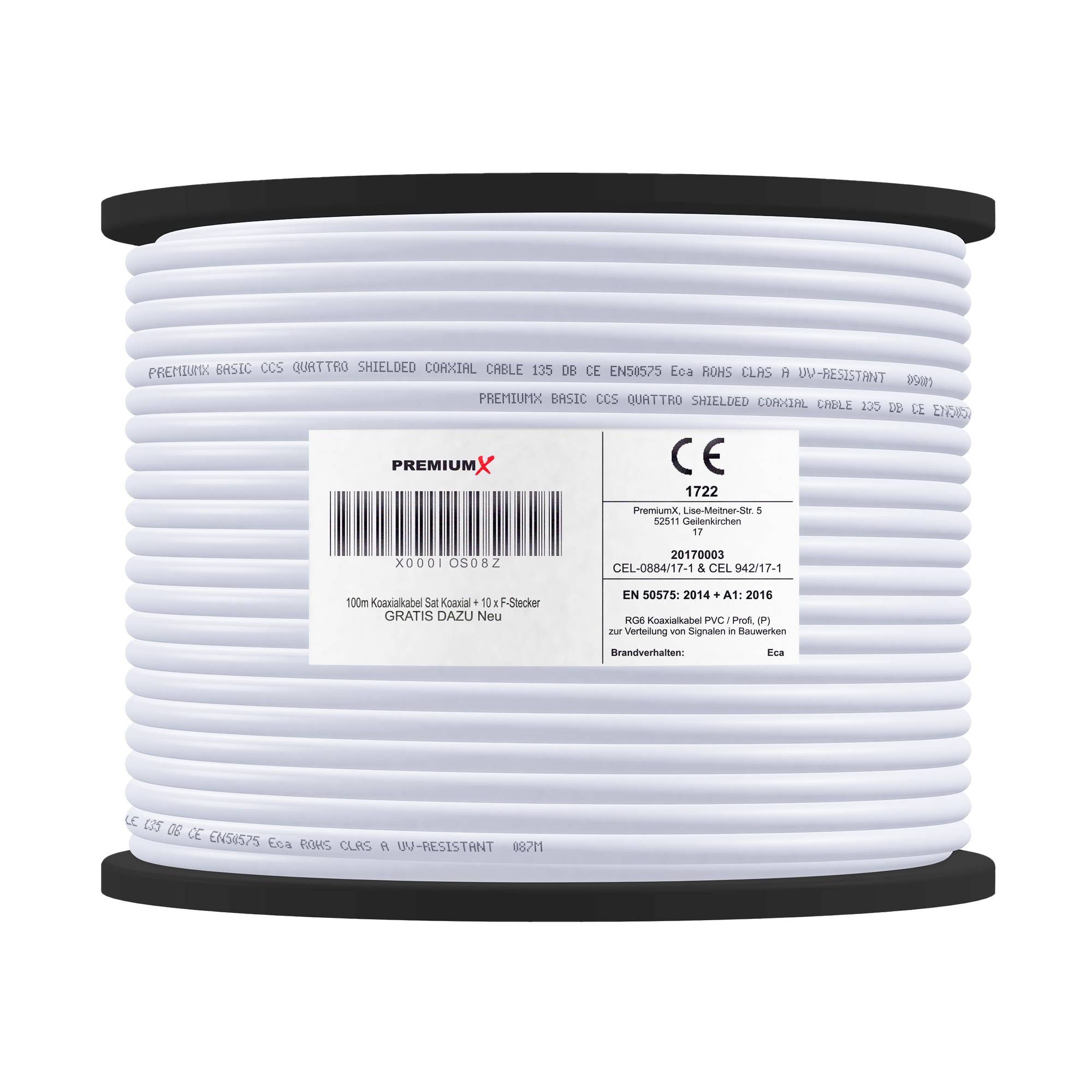 PremiumX 100m PROFI Koaxialkabel KUPFER 135dB 4-fach SAT Antennenkabel Koax-Kabel DVB-S / S2 DVB-C DVB-T BK Anlagen Satellitenkabel 10x F-Stecker