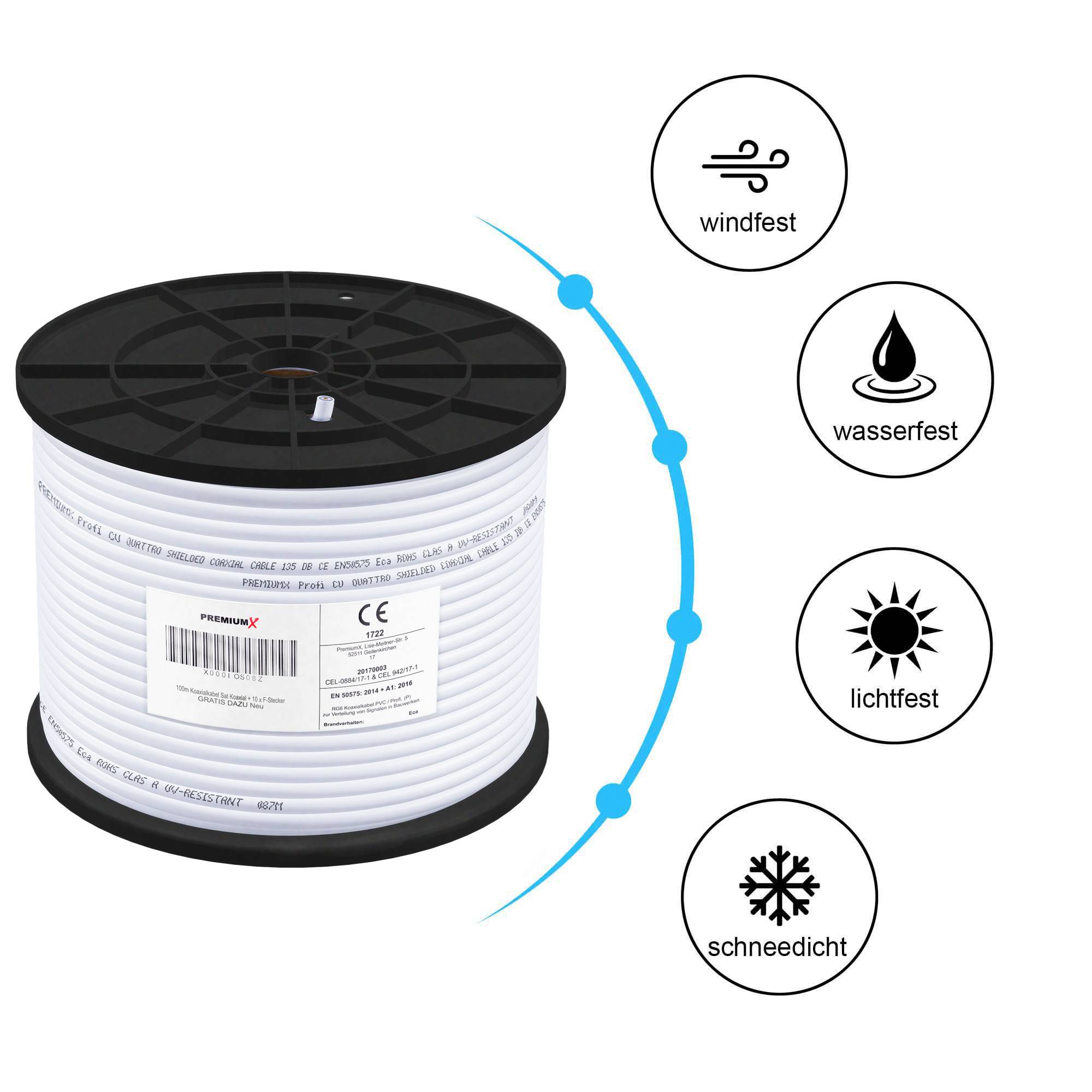 PremiumX 100m PROFI Koaxialkabel KUPFER 135dB 4-fach SAT Antennenkabel Koax-Kabel DVB-S / S2 DVB-C DVB-T BK Anlagen Satellitenkabel 10x F-Stecker