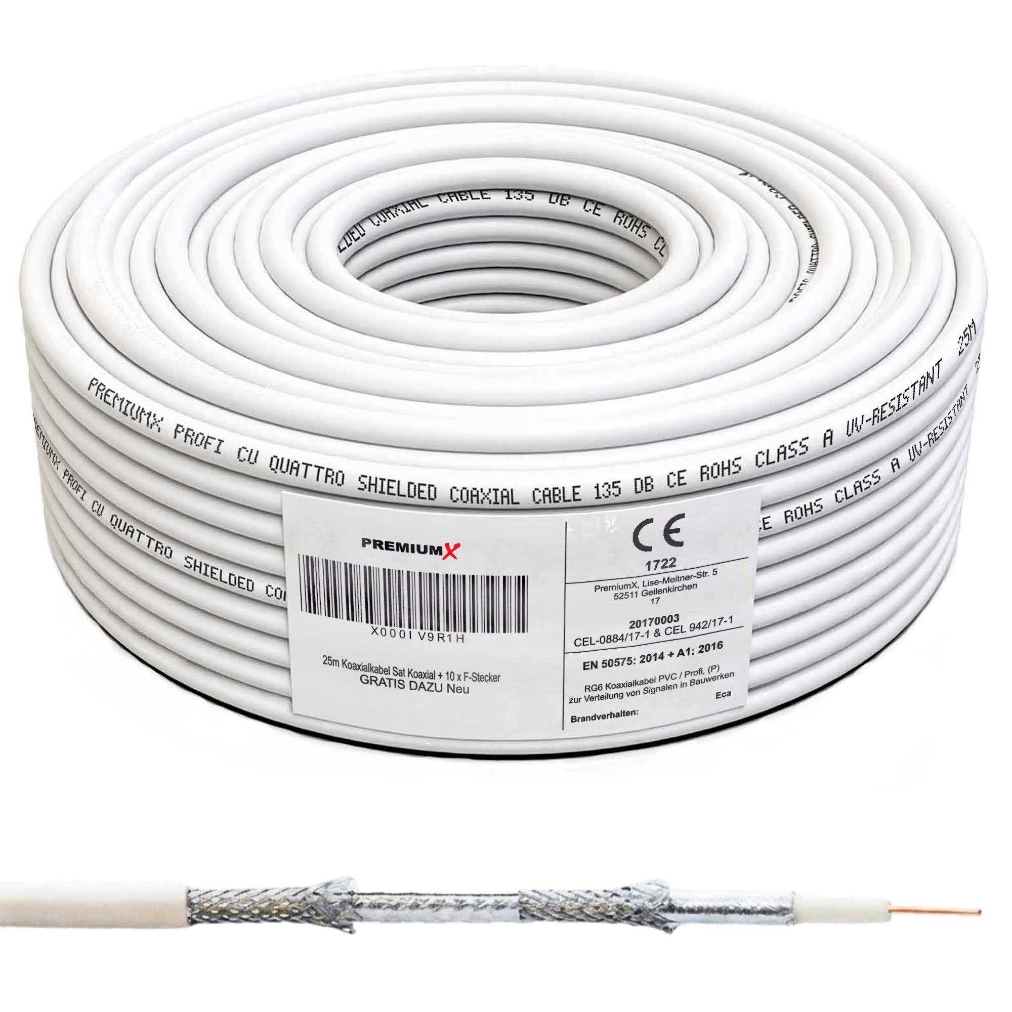 PremiumX Profi CU Quattro geschirmtes Koaxialkabel, 135 dB, CE, ROHS, Klasse A UV-beständig