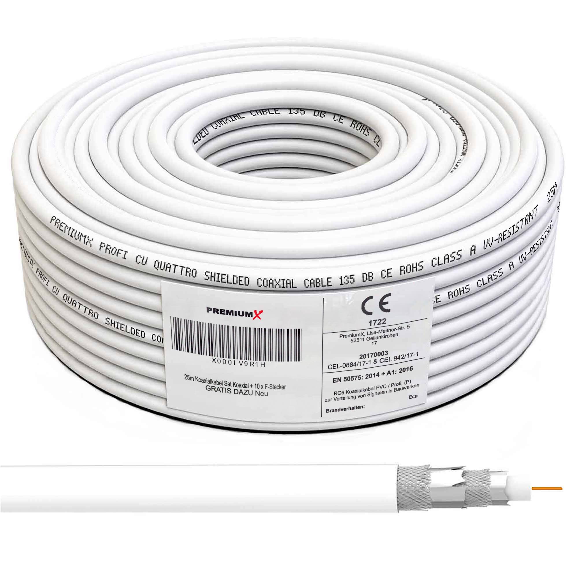 PremiumX 25m PROFI Koaxialkabel KUPFER 135dB 4-fach SAT Antennenkabel Koax-Kabel DVB-S / S2 DVB-C DVB-T BK Anlagen Satellitenkabel 10x F-Stecker