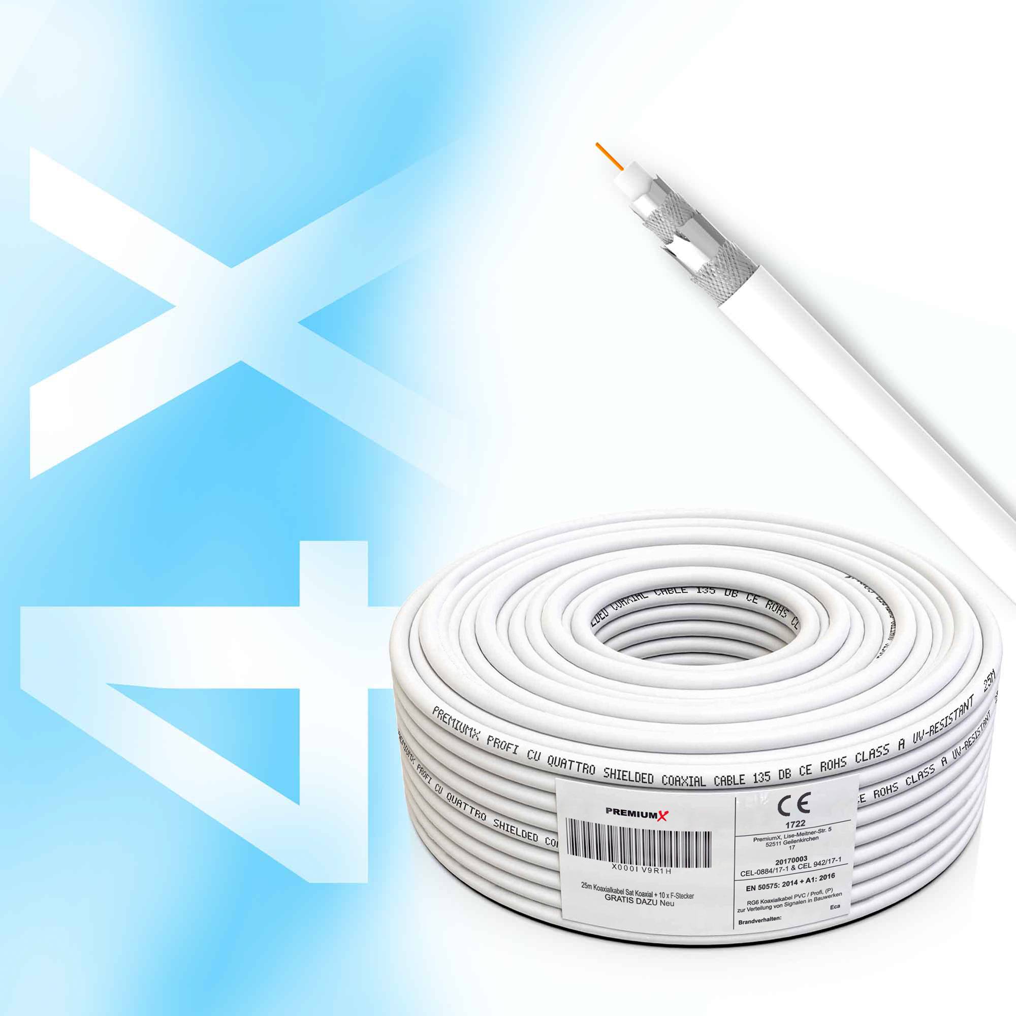 PremiumX 25m PROFI Koaxialkabel KUPFER 135dB 4-fach SAT Antennenkabel Koax-Kabel DVB-S / S2 DVB-C DVB-T BK Anlagen Satellitenkabel 10x F-Stecker