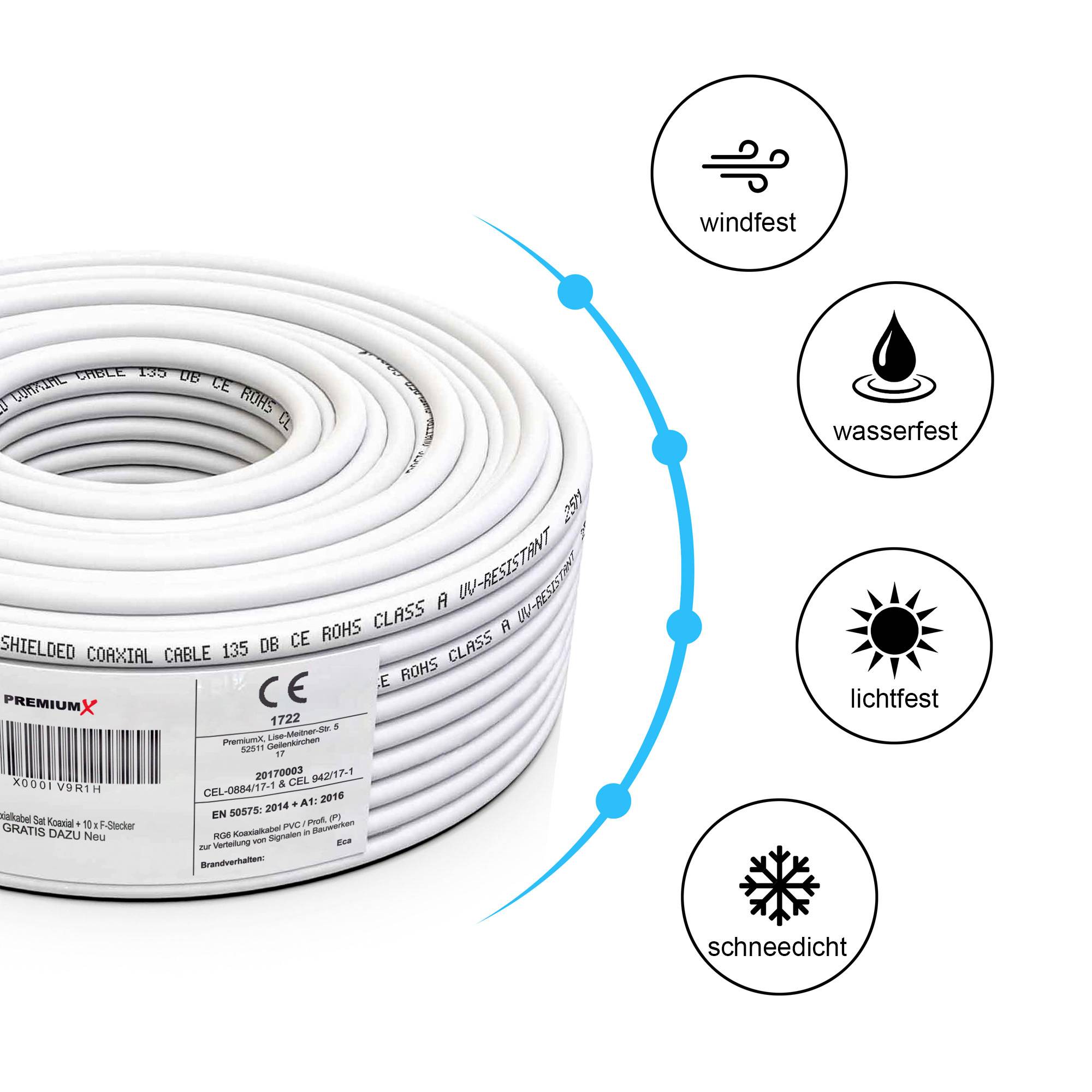 PremiumX 25m PROFI Koaxialkabel KUPFER 135dB 4-fach SAT Antennenkabel Koax-Kabel DVB-S / S2 DVB-C DVB-T BK Anlagen Satellitenkabel 10x F-Stecker
