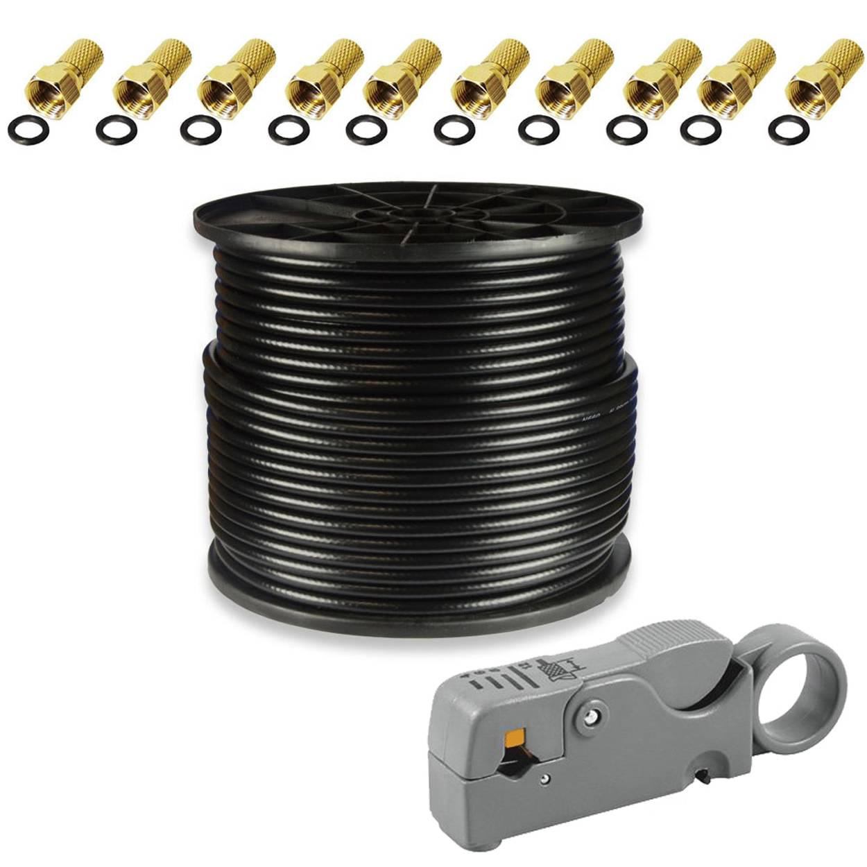 PremiumX 100m PROFI Koaxialkabel Schwarz CU 135dB 4-fach Koax Kabel SAT Antennenkabel 10x F-Stecker Abisolierer 0,51 €/m