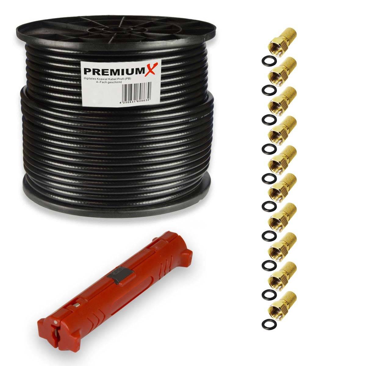PremiumX 100m PROFI Koaxialkabel Schwarz CU 135dB 4-fach SAT Koaxkabel Antennen-Kabel 10x F-Stecker Abisolierer 0,49 €/m