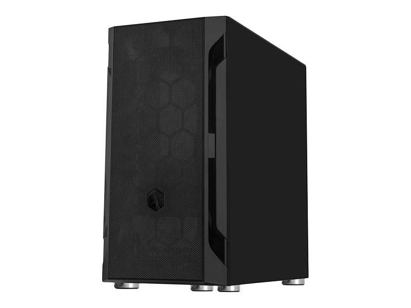 Schwarzes Desktop-Computer-Tower-Gehäuse mit sechseckigem Frontpaneel-Muster und seitlichem Griff, dargestellt auf weißem Hintergrund.
