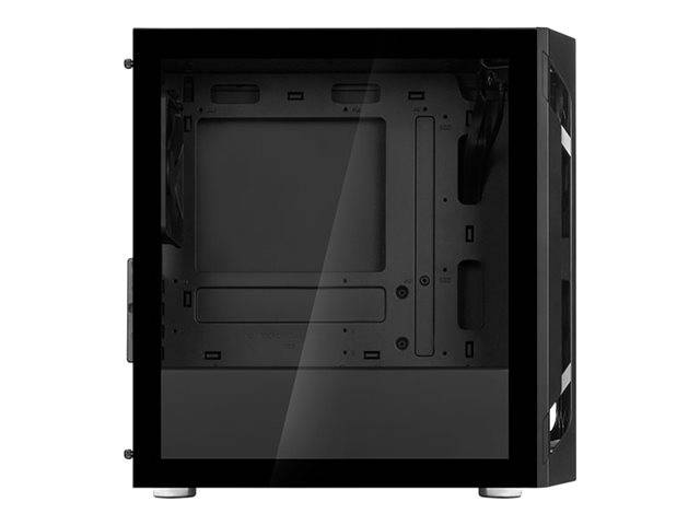 Schwarzes Mid-Tower-PC-Gehäuse mit gehärtetem Glasseitenpanel, das das leere Innere und die vorderen Ansaugöffnungen zeigt.