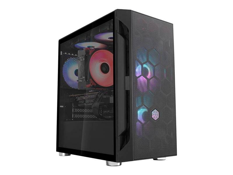 Schwarzer Desktop-PC-Tower mit Seitenpanel aus gehärtetem Glas, das RGB-beleuchtete interne Lüfter und Komponenten zeigt, sowie sechseckiges Frontgitter mit leuchtenden Lüfterlichtern.