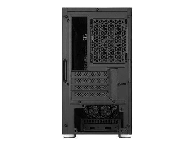 Rückansicht eines schwarzen Desktop-Computer-Gehäuses mit Lüftungsgittern, Erweiterungsschacht-Abdeckungen und einer unteren Lüfteröffnung.