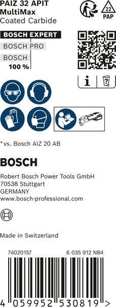 Bosch' Logo mit Sicherheitssymbolen für Handschuhe, Maske, Augenschutz und Bedienungsanleitung. Text: Robert Bosch Power Tools GmbH, Deutschland, www.bosch-professional.com.