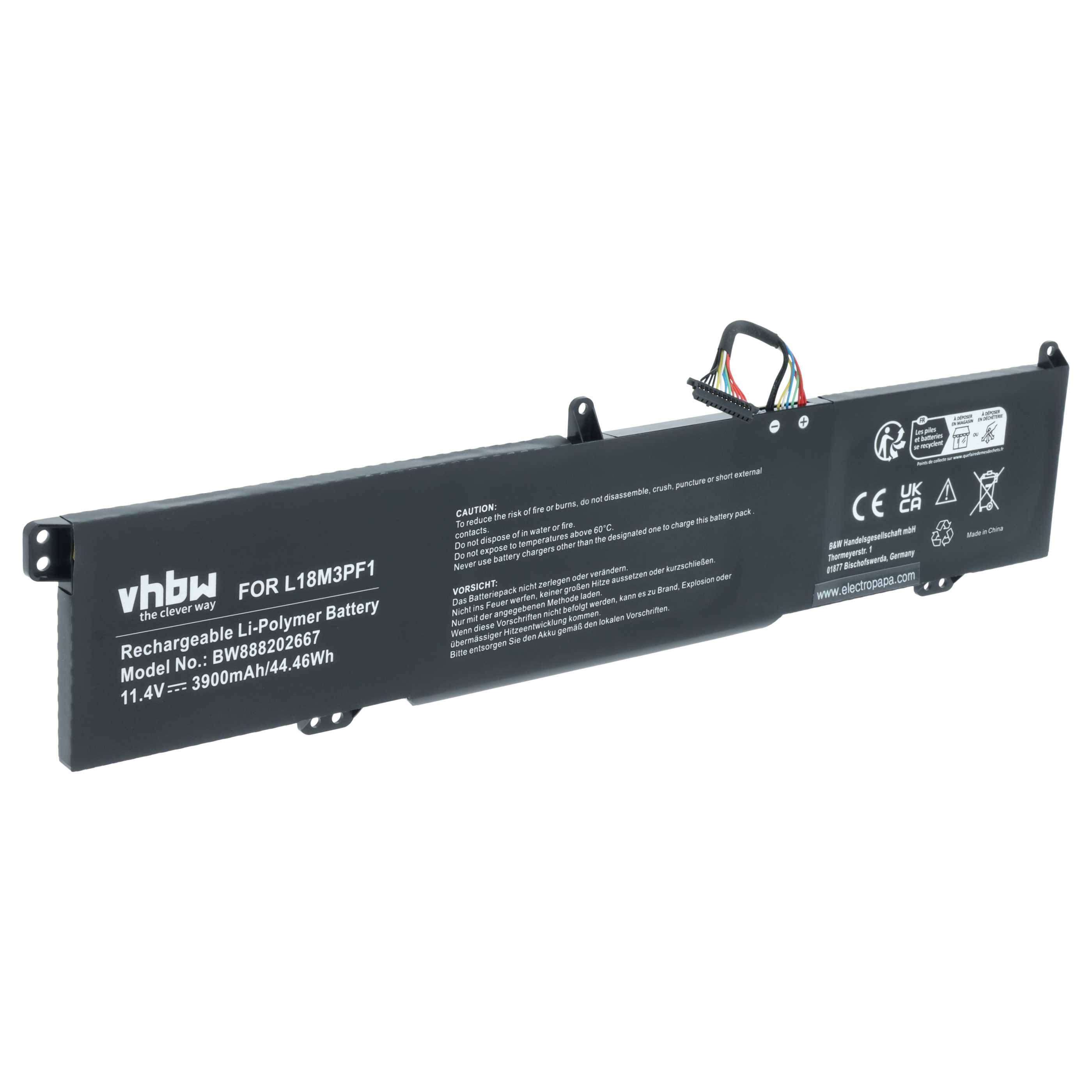 Schwarzer wiederaufladbarer Li-Polymer-Akku für das Modell L8M3PF1 von vhbw, 11,4V, 3900mAh, 44,46Wh, mit weißem Etikett mit Spezifikationsdetails.