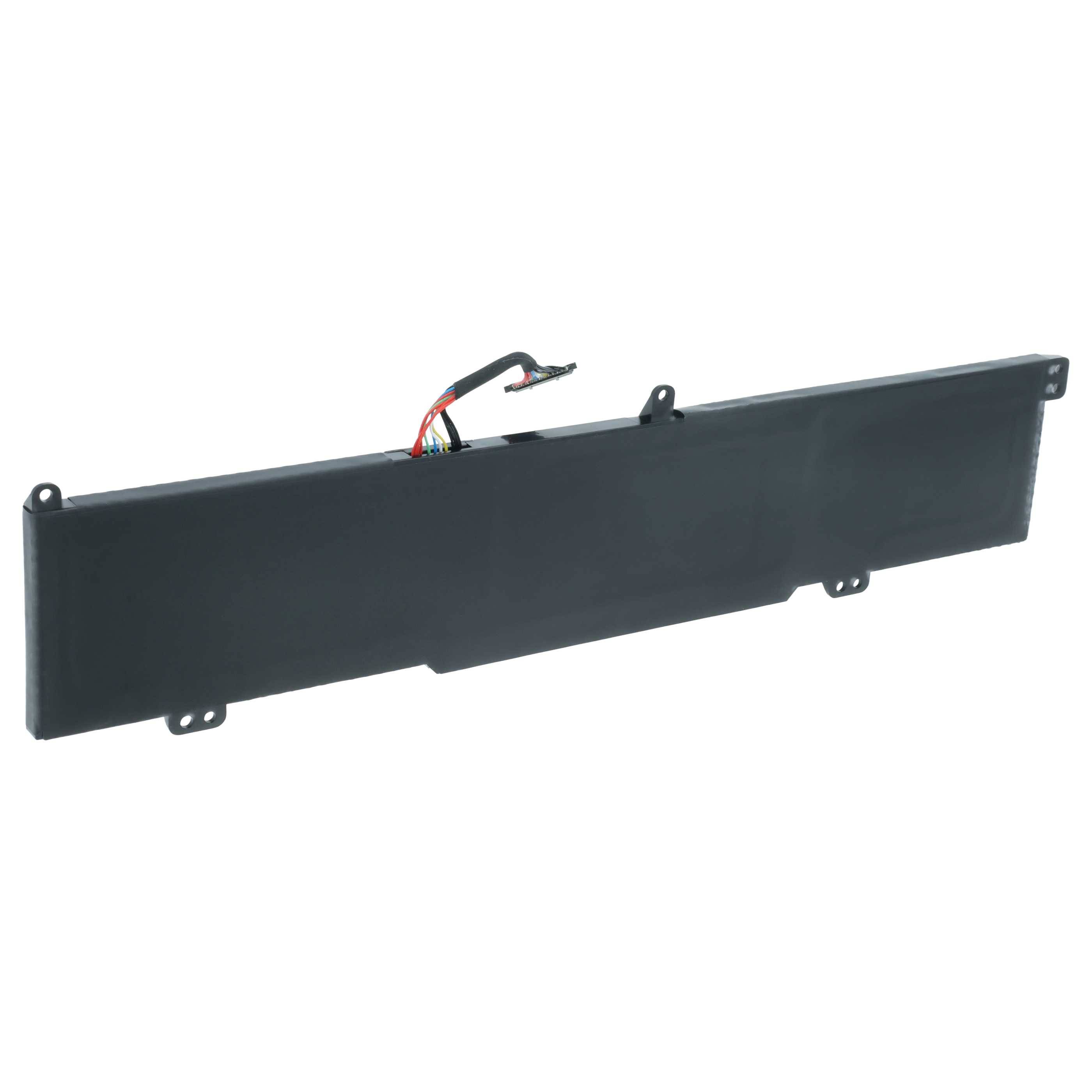 Eine rechteckige Laptop-Batterie mit angeschlossenem mehrfarbigen Drahtanschluss und Befestigungslaschen an den Seiten.