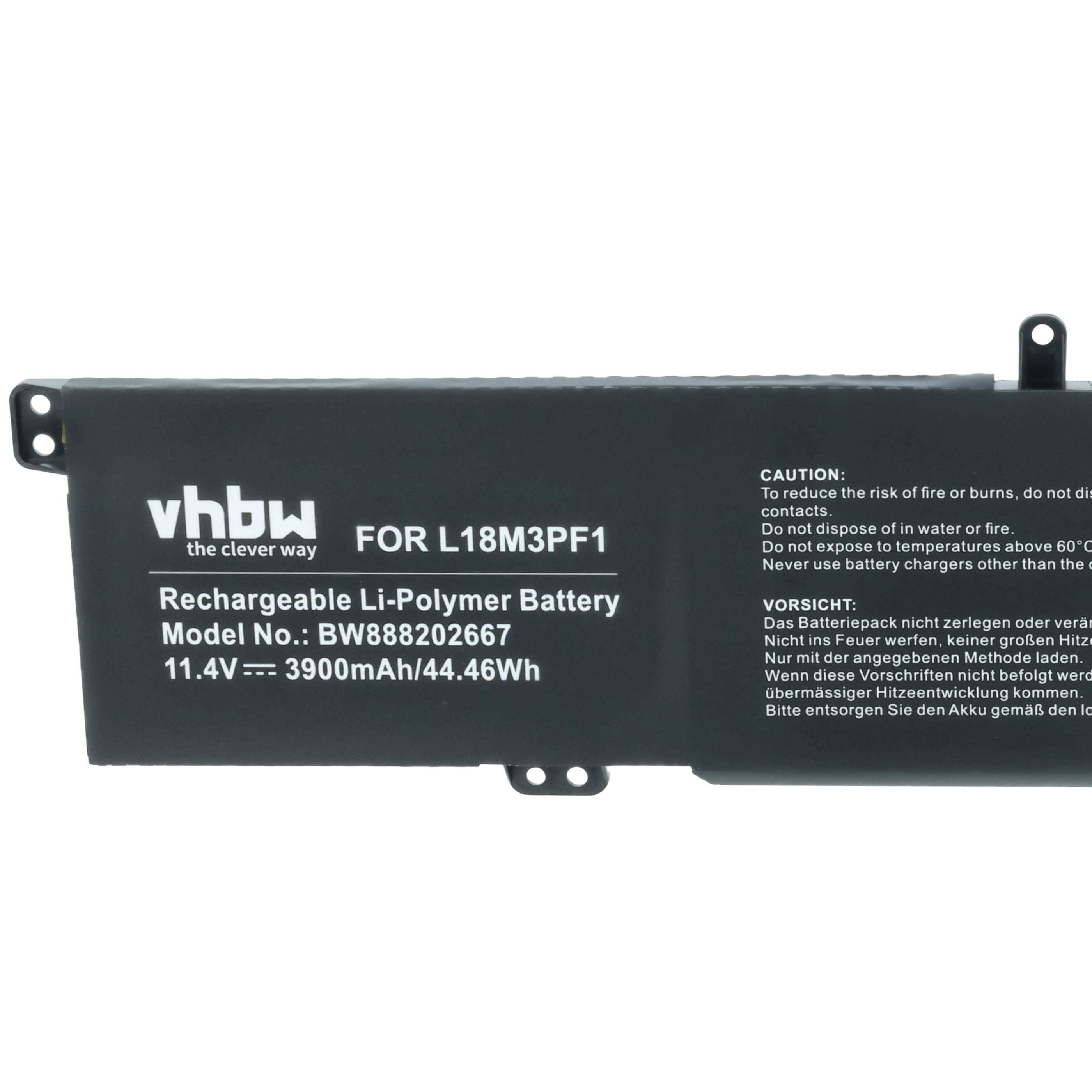 Eine wiederaufladbare Li-Polymer-Batterie, gekennzeichnet mit 'vhbw' für L18M3PF1, mit einer Kapazität von 3900mAh/44,46Wh, inklusive Sicherheitswarnungen auf Englisch und Deutsch.
