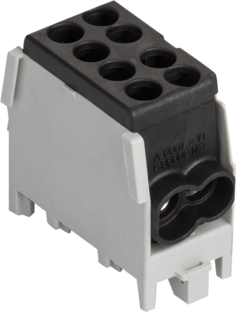 Schwarzer und grauer elektrischer Anschlussblock mit mehreren kreisförmigen Anschlüssen und Befestigungsclips an den Seiten, verwendet zum Anschließen von Drähten.