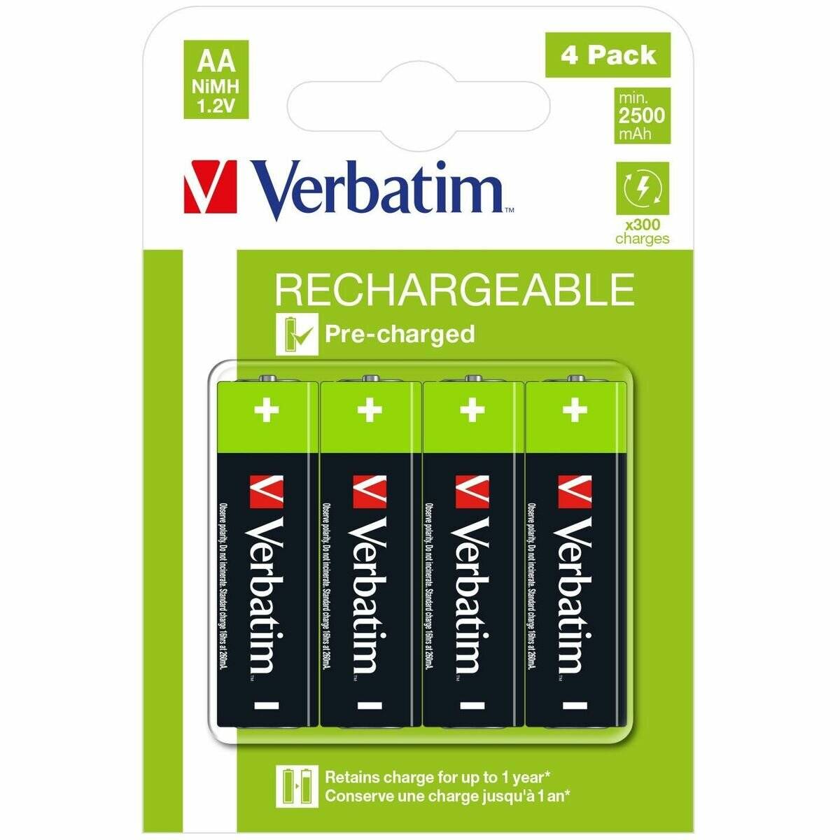 Verbatim wiederaufladbare AA-NiMH-Batterien 4er-Pack, vorgeladen, 1,2V, 2500 mAh, für bis zu 300 Ladevorgänge.