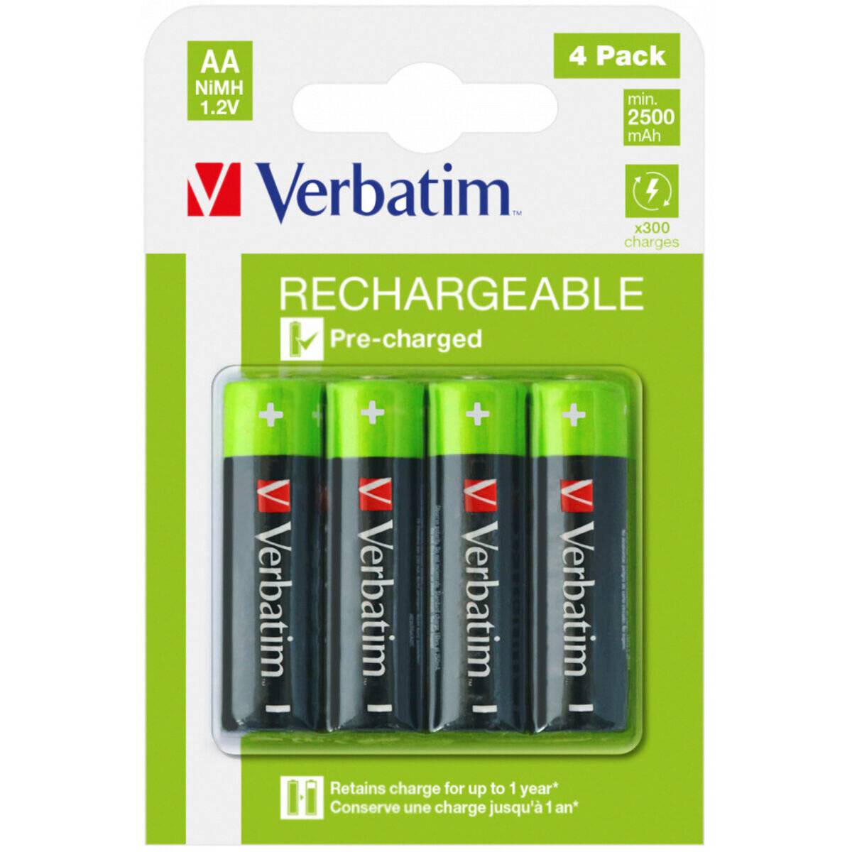 Verbatim AA NiMH Wiederaufladbare Batterien 4er-Pack, vorgeladen, 1,2V, min. 2500 mAh, bis zu 1300 Aufladungen.