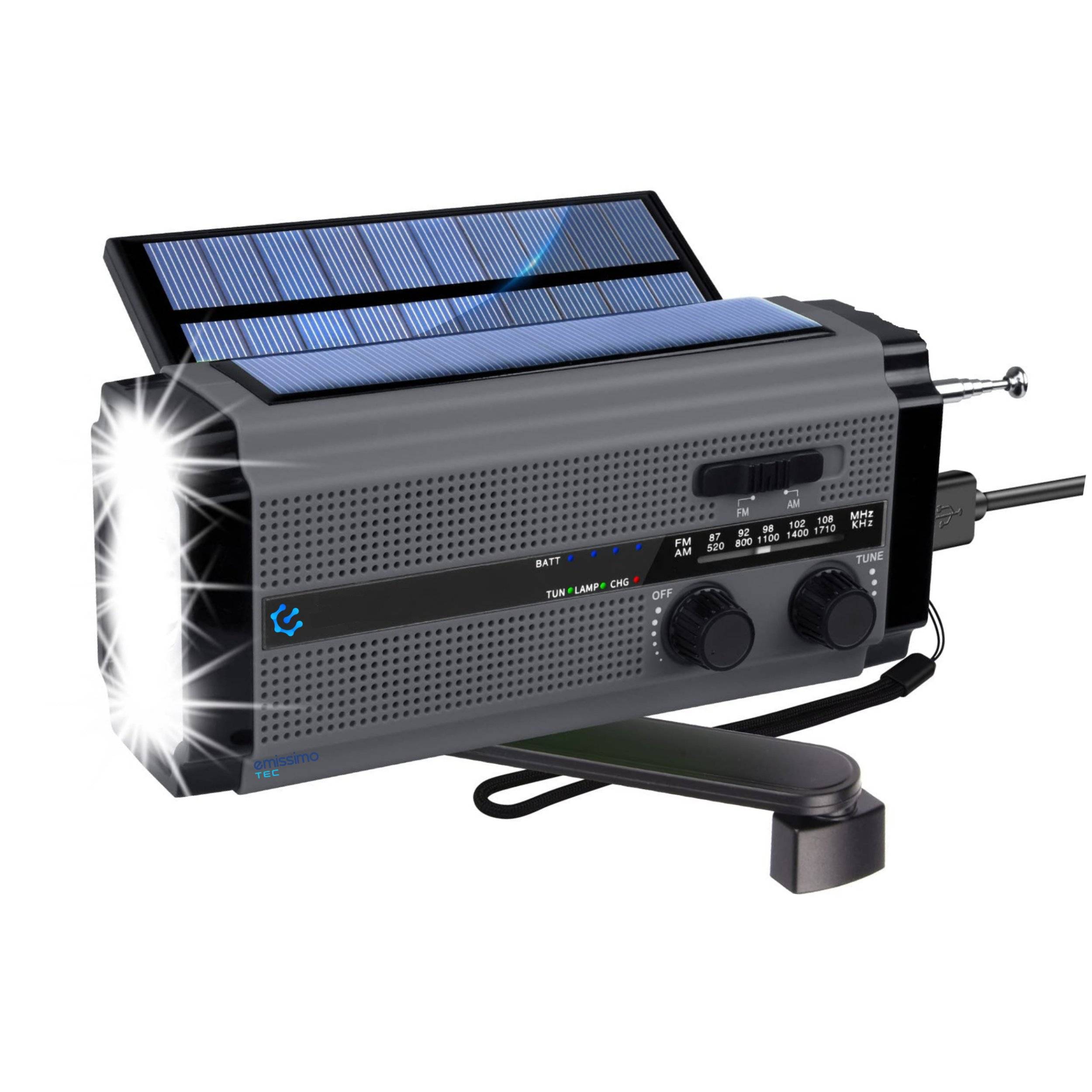 Emissimo Tec Solarradio -ONE- Notfallradio Akku Kurbelradio mit USB-Ladeanschluss und Powerbank